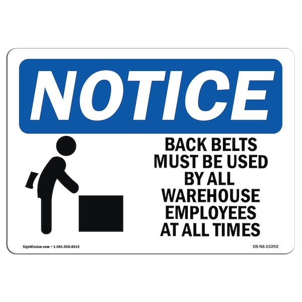 OSHA Sign, Back Belts Must Be Used, 5in X 3.5in Decal, 10PK, 5" W, 3.5" H, Landscape, PK10